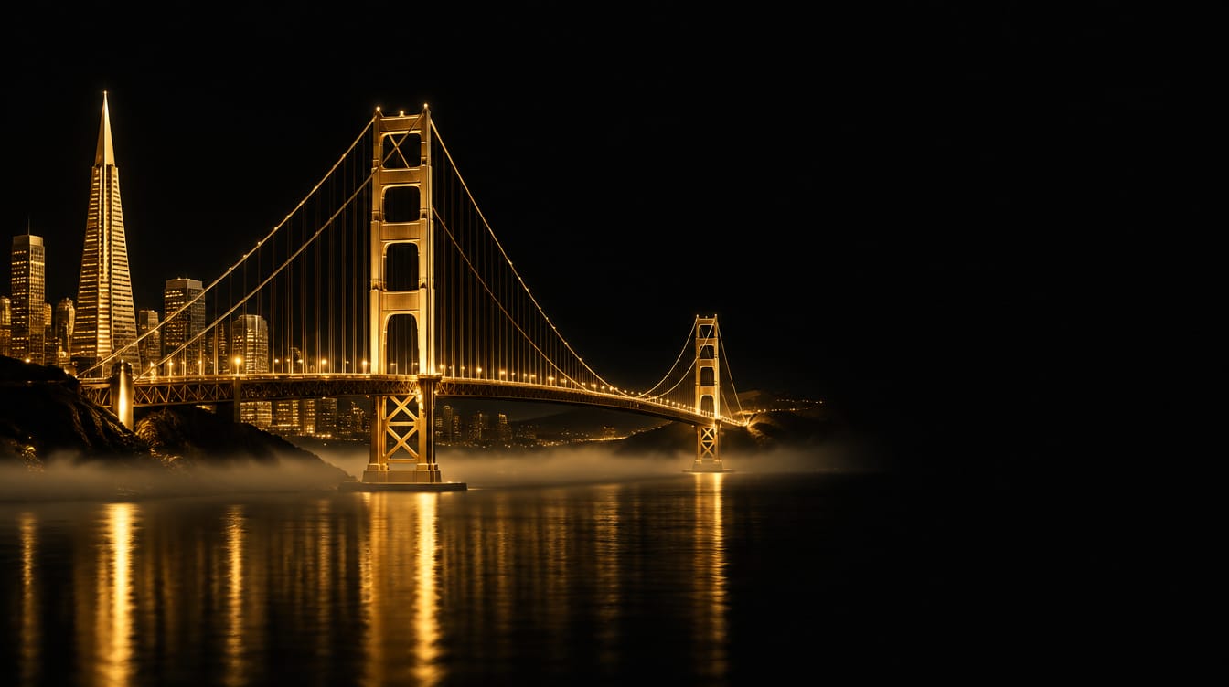 The Golden Gate Bridge and the Transamerica Pyramid in gold at night